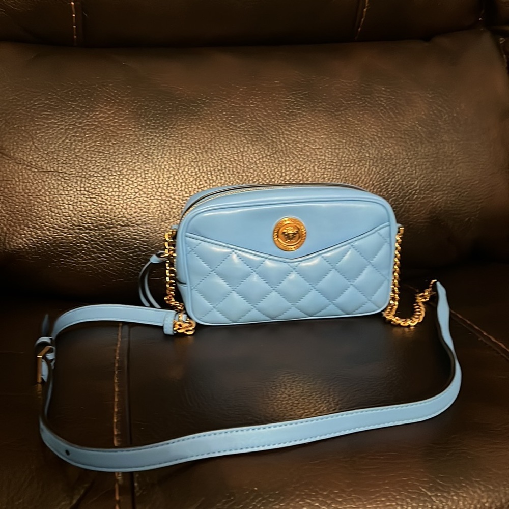Versace Smooth DV Blue Lamb Leather Quilted Napa Camera Crossbody Handbag NEW - Picture 3 of 8